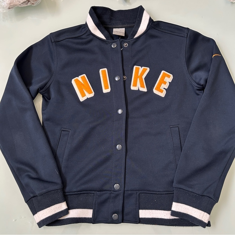 Nike Dark Blue Varsity Jacket with Orange Nike Logo Size Small